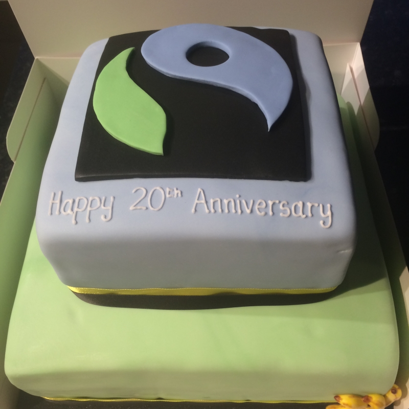 A huge cake for a Fairtrade Conference, but also suitable for a wedding or large celebration - with appropriate decoration of course! 12" square cakes typically have three layers (serves at least 100 slices) and cost from £125, 8" square cakes (serve 32) from £55.